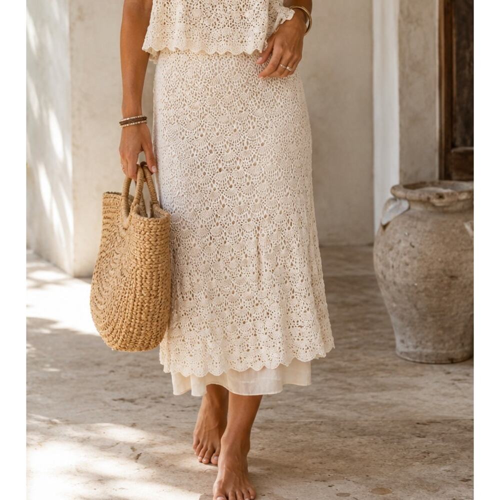 Vintage Crochet Cotton Midi Skirt Cream Size Small Boho Coquette Softgirl Look